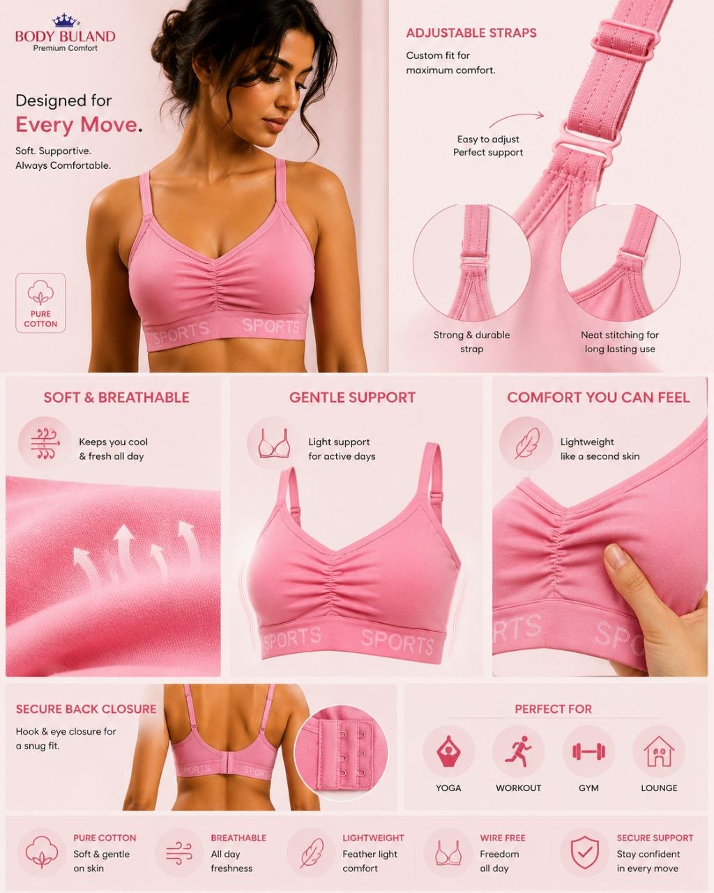 Women’s Cotton Sports Bra | Wire-Free, Breathable & Adjustable Support Bra